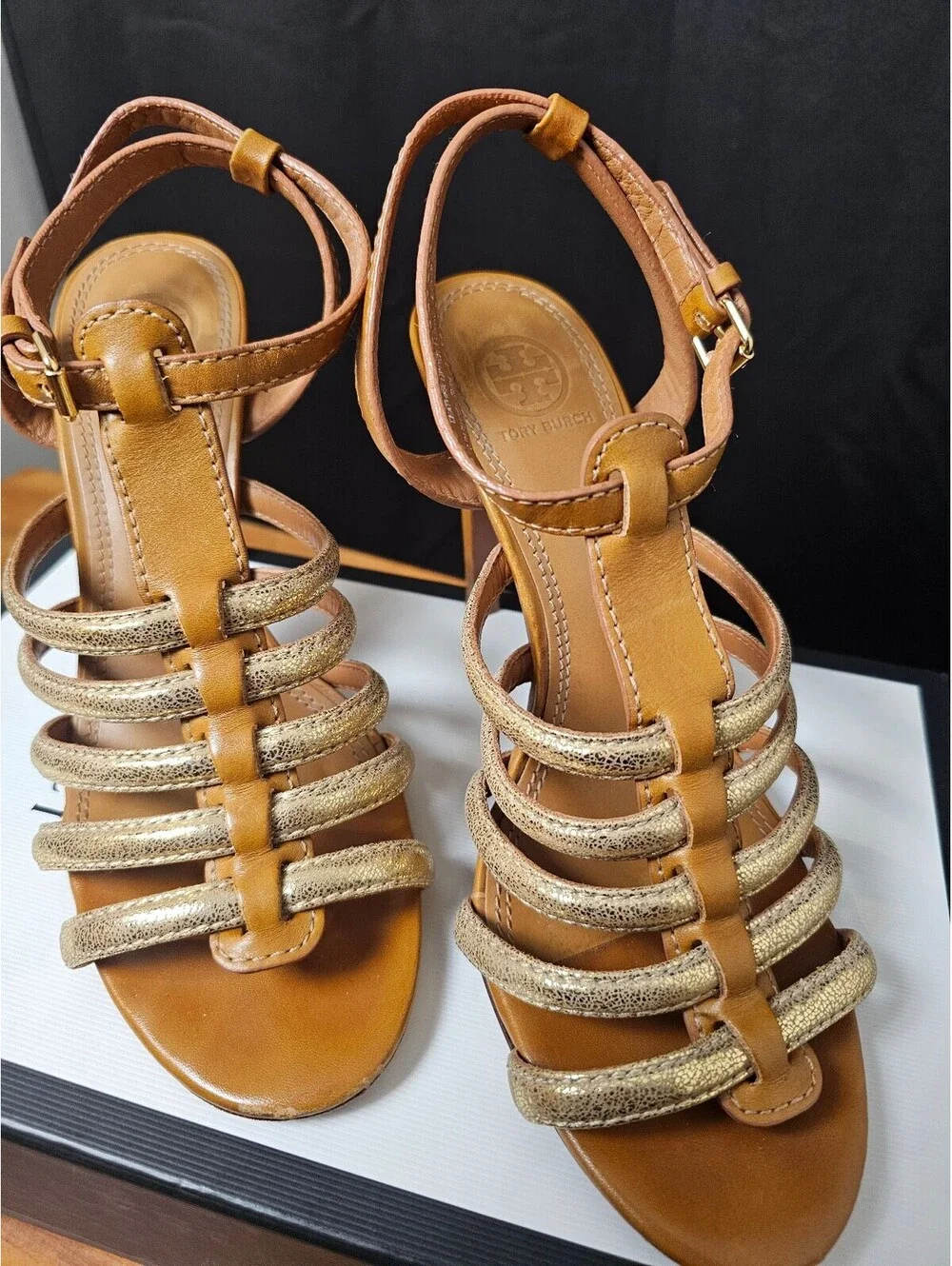 Tory Burch Heels Tan Womens 8 Leather Strappy Gold Accents